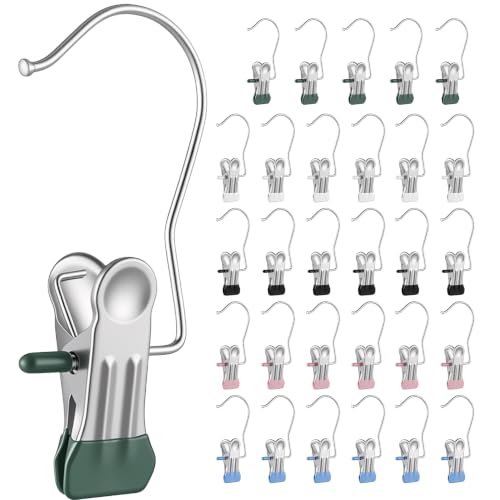 Heavy Duty Laundry Clips 30 Pack with Built-In Hooks for Clothes & Shoes