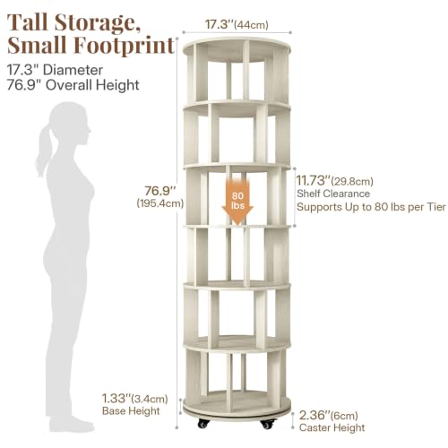 6-Tier Rotating Bookshelf Tower - Vintage White 360° Spin Storage