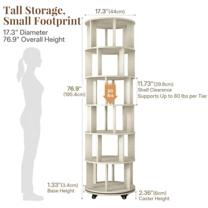 6-Tier Rotating Bookshelf Tower - Vintage White 360° Spin Storage