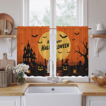 Orange Halloween Tier Curtains Set - Black Pumpkins & Moon Design, 27.5W x 45L, Pack of 2