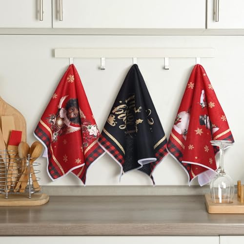 Christmas Kitchen Towels Set - Santa & Snowman, Black & Red, 6 Pieces
