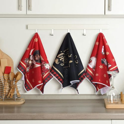 Christmas Kitchen Towels Set - Santa & Snowman, Black & Red, 6 Pieces