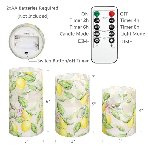 Lemon Glass Flameless Candles with Remote & Timer - Lemon Tree Variation - Battery Operated LED Flicker Pillar Candles for Home Decor, Kitchen, Holiday