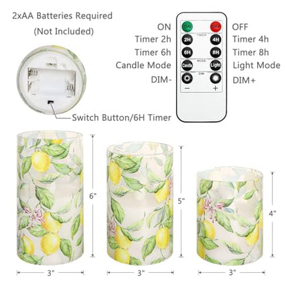 Lemon Glass Flameless Candles with Remote & Timer - Lemon Tree Variation - Battery Operated LED Flicker Pillar Candles for Home Decor, Kitchen, Holiday