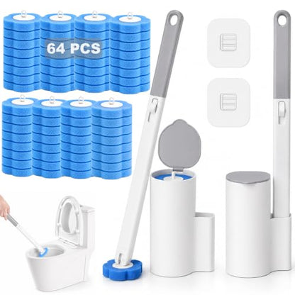 Disposable Toilet Brush Kit with 2 Handles & Holders + 64 Refill Heads - Hygienic No-Touch System