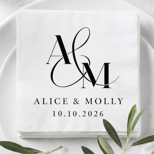 Personalized Wedding Cocktail Napkins Design 8 - Custom Couple Name & Date, Pack 50-500