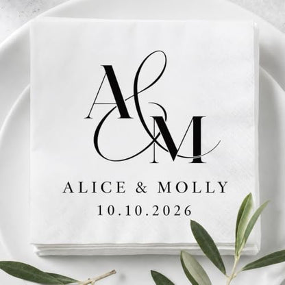 Personalized Wedding Cocktail Napkins Design 8 - Custom Couple Name & Date, Pack 50-500