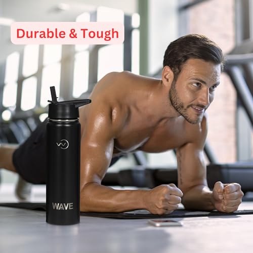 Leak Proof Water Bottle with Straw 22oz | Insulated Double Walled Stainless Steel Metal Thermos Bottles for Men, Women & Kids | Reusable Sports BPA Free Flask for Gym Sports | Wave Retail | Black