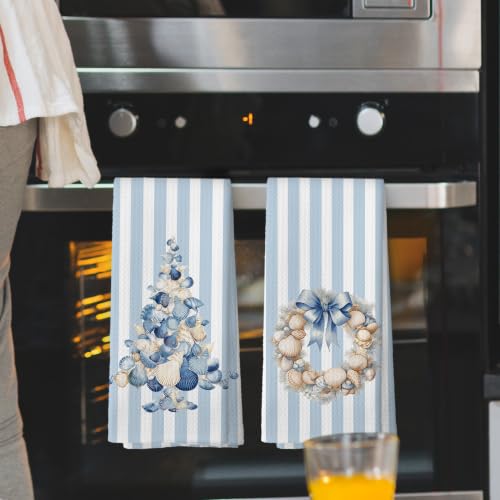Blue Coastal Christmas Tree Kitchen Towels Set of 2 - Seashell & Starfish Holiday Decor - Variation 11