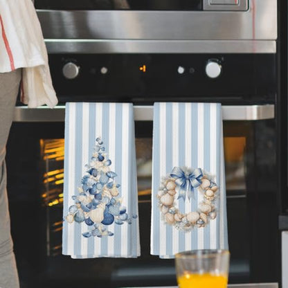 Blue Coastal Christmas Tree Kitchen Towels Set of 2 - Seashell & Starfish Holiday Decor - Variation 11