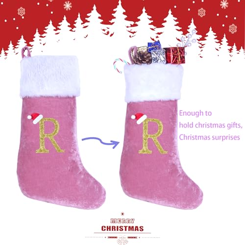 Pink Velvet Monogram Christmas Stocking with White Plush Cuff - Letter R, 20 Inches