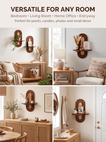 Boho Wall Shelves 2 Pack - Bamboo with Handwoven Rattan for Plants & Decor