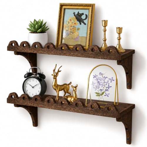 Scalloped Wood Wall Shelves Set of 2 - Rustic Floating Shelves for Living Room Bedroom Kitchen