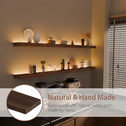 Walnut 60 Inch LED Floating Wall Shelves Set of 2 - Rustic Wooden Shelves for Living Room Bedroom Kitchen Gaming Room