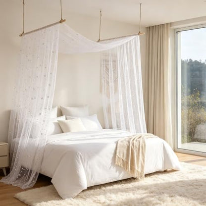Kids Sheer Canopy Bed Curtains - Sparkly Star Tulle for House, Bunk & Toddler Bed, White, 59x197 Inches