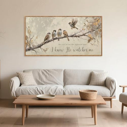 His Eye Is on the Sparrow Christian Wall Art Canvas 40x20 Inch - Framed Religious Decor