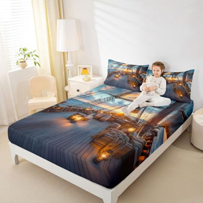 Homewish Queen Size Ship Deck Fitted Sheet No Flat - Blue 07 / Queen