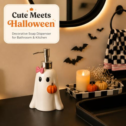Halloween Soap Dispenser - White Ghost with Pink Bow & Pumpkin Decor