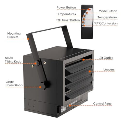 6000W Electric Garage Heater with Remote & WiFi Control - Black - 6KW/240V