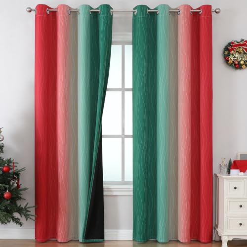 Green and Red Ombre Blackout Curtains 52x96 Inches - Pack of 2 - Modern Room Darkening Drapes with Wavy Line Design