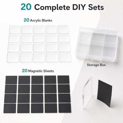 Square Clear Acrylic Fridge Magnets Kit - 20 DIY Photo Magnets with Adhesive Backing