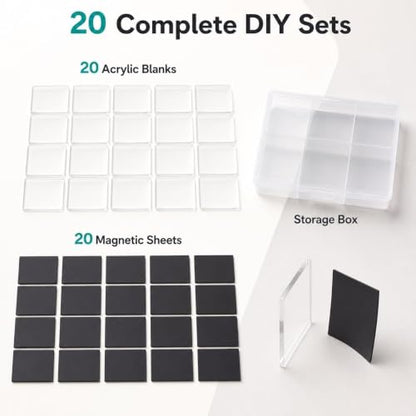 Square Clear Acrylic Fridge Magnets Kit - 20 DIY Photo Magnets with Adhesive Backing