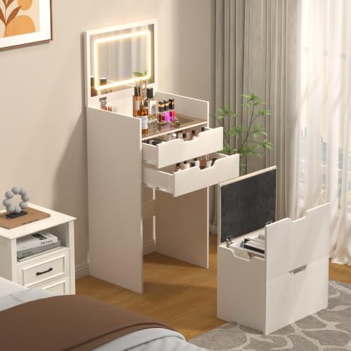 3-in-1 Vanity Desk with LED Flip Mirror, 17.9" W x 13.8" D x 33.9" H - White