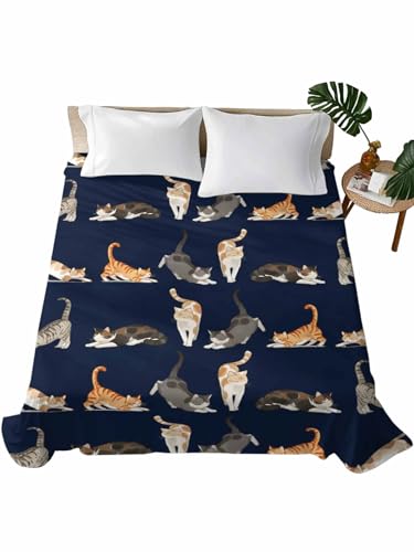 Twin XL Flat Sheet - Cartoon Cats Microfiber Bed Sheets in Yellow Cream Brown Variation