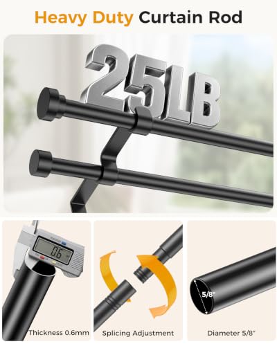 Poskena Double Curtain Rod for Windows 28-48 Inches Black - Adjustable 5/8 Inch Diameter, Pack of 1