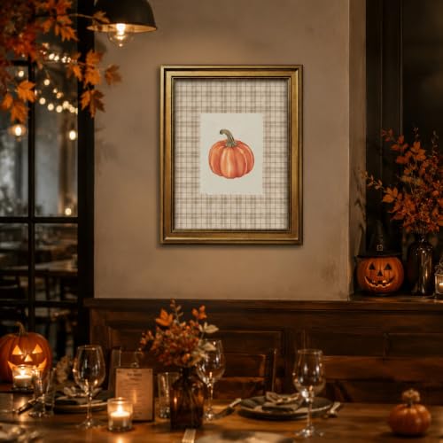 Watercolor Pumpkin Wall Art Prints with Retro Gold Frame - 8x10 Inch Fall Decor