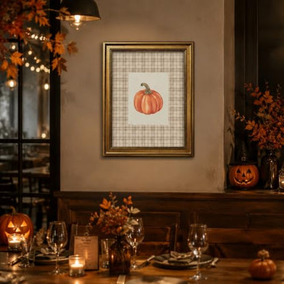 Watercolor Pumpkin Wall Art Prints with Retro Gold Frame - 8x10 Inch Fall Decor