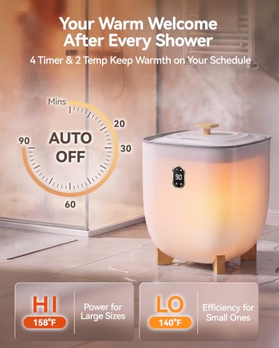 25L Towel Warmer for Bathroom - White, 3 XL Towels, Blankets, Natural Grain