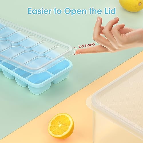 DOQAUS Ice Cube Tray with Lid and Bin, 4 Pack Silicone Plastic Ice Cube Trays for Freezer with Ice Box, Ice Trays with Ice Container, Stackable Ice Tray with Storage Ice Bucket,Ice Tong,Ice Scoop