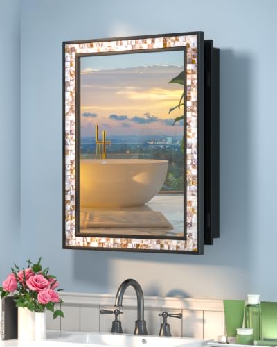 Natural Shell Inlay Bathroom Medicine Cabinet with Mirror - Reversible Wall Mount, 3 Shelves