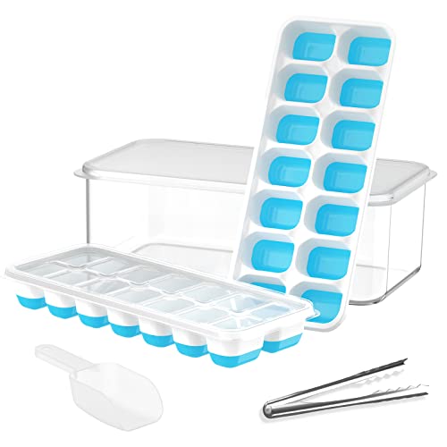 DOQAUS Ice Cube Tray with Lid and Bin, Upgraded Silicone Ice Cube Trays for Freezer with Container Ice Cube Maker Stackable Easy Release, 2 Pack Ice Trays & 1 Pack Ice Bucket Tong Scoop