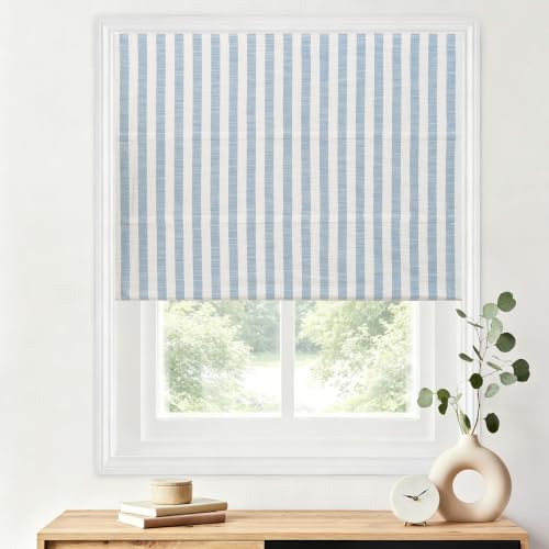 Blue White Striped Linen Roman Shade - Customized, 1 Panel, Cordless