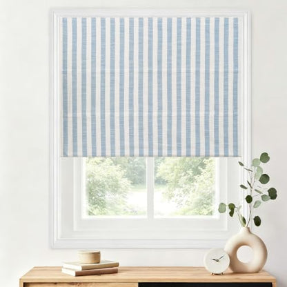Blue White Striped Linen Roman Shade - Customized, 1 Panel, Cordless