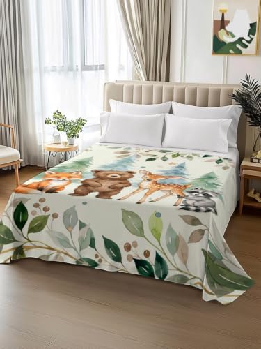 Green Twin XL Flat Sheet - Summer Forests Bear Fox Raccoon Microfiber Bedding