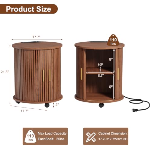 Fluted End Table with Lockable Charging Station, Walnut – 2-Drawer/2 Sockets & USB, Wheels