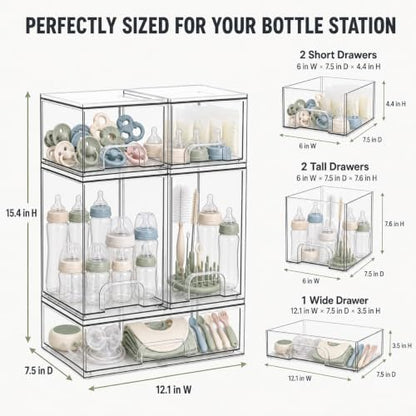 Baby Bottle Organizer 3-Tier Acrylic Storage Drawer Set - 5 Pack