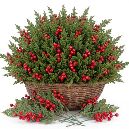 Snow Flocked Artificial Christmas Pine Stems with Red Berry Stems - 500 Pcs