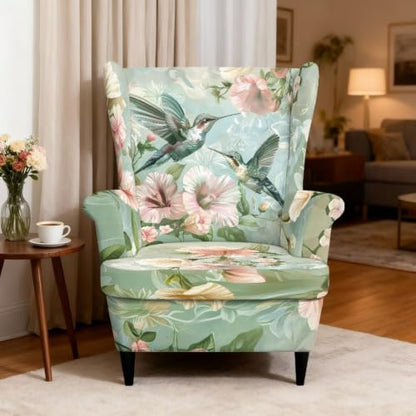 Green Hummingbird Slip Cover for Wing Back Chair 2 Piece Furniture Protector