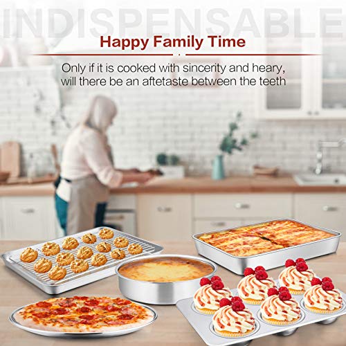 Toaster Oven Bakeware Set, E-far 6-Piece Stainless Steel Small Baking Pan Set, Include Cake Brownie Pan/Cookie Sheet with Rack/Muffin Tin/Pizza Pan, Non-Toxic & Healthy, Easy Clean & Dishwasher Safe