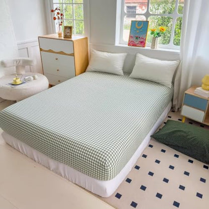 Green Gingham King Fitted Sheet Deep Pocket 16 Inch Washed Cotton Bedding