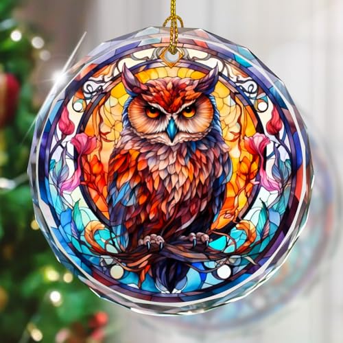 Stained Glass Owl Christmas Ornament - Holiday Tree Decor, Gift, Variation of Owl