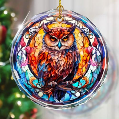 Stained Glass Owl Christmas Ornament - Holiday Tree Decor, Gift, Variation of Owl