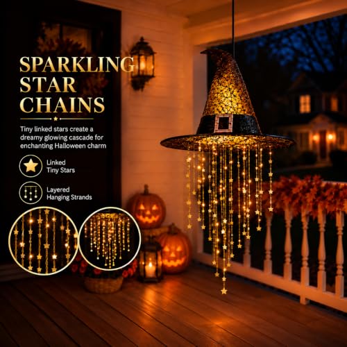 Halloween Hanging Witch Hat with Lights - Black 1PC with Cascading Star Tassels