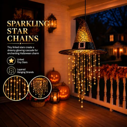 Halloween Hanging Witch Hat with Lights - Black 1PC with Cascading Star Tassels