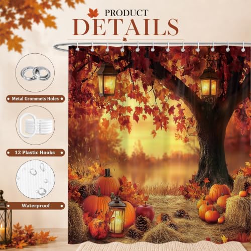 Fall Pumpkins and Maple Leaf Shower Curtain - Autumn Farmhouse Bathroom Decor, 72x72 Inch Waterproof Polyester with 12 Hooks