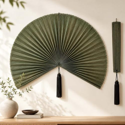 Large Bamboo Fan Wall Decor - 39.3 Inch Green Decorative Wall Fan - Boho Home Accent